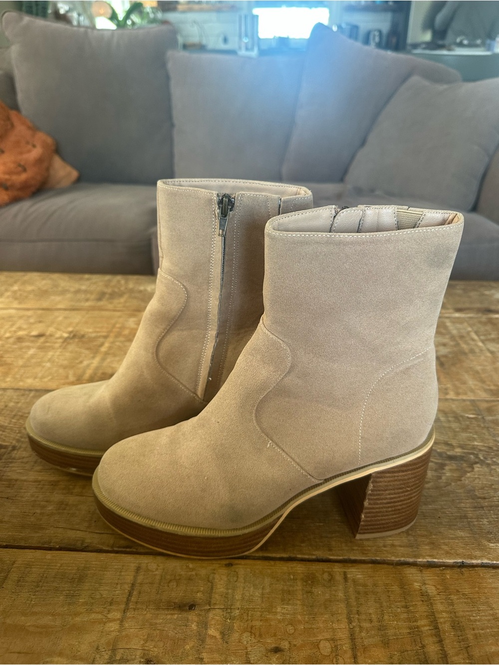 Taupe Suede Platform Ankle Boots with Stacked Heel